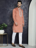 Jompers Men's Embroidered Kurta With Pyjama - Peach | Grocsy