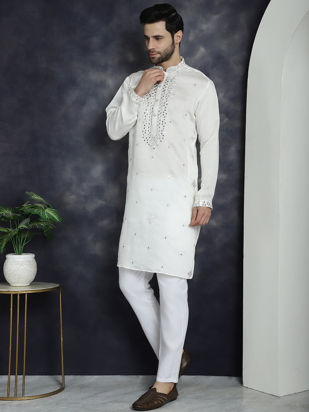 Jompers Men's Embroidered Kurta With Pyjama - White | Grocsy