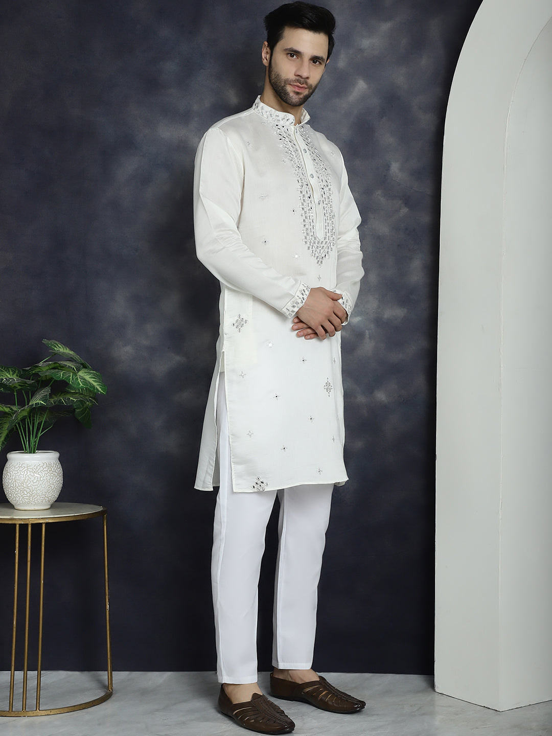 Jompers Men's Embroidered Kurta With Pyjama - White | Grocsy