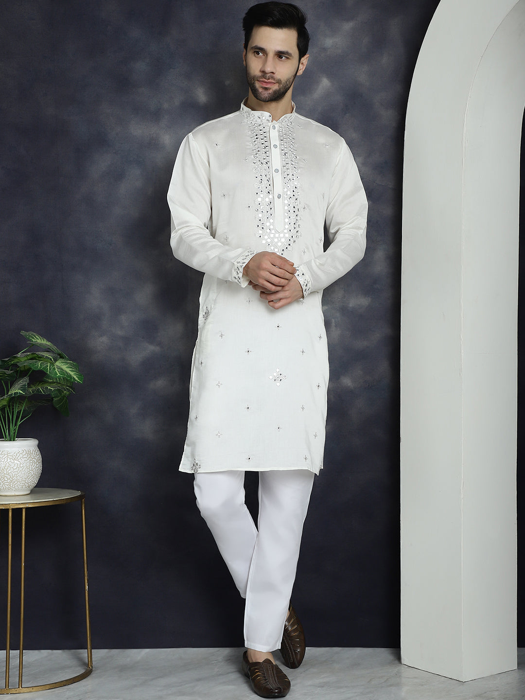 Jompers Men's Embroidered Kurta With Pyjama - White | Grocsy