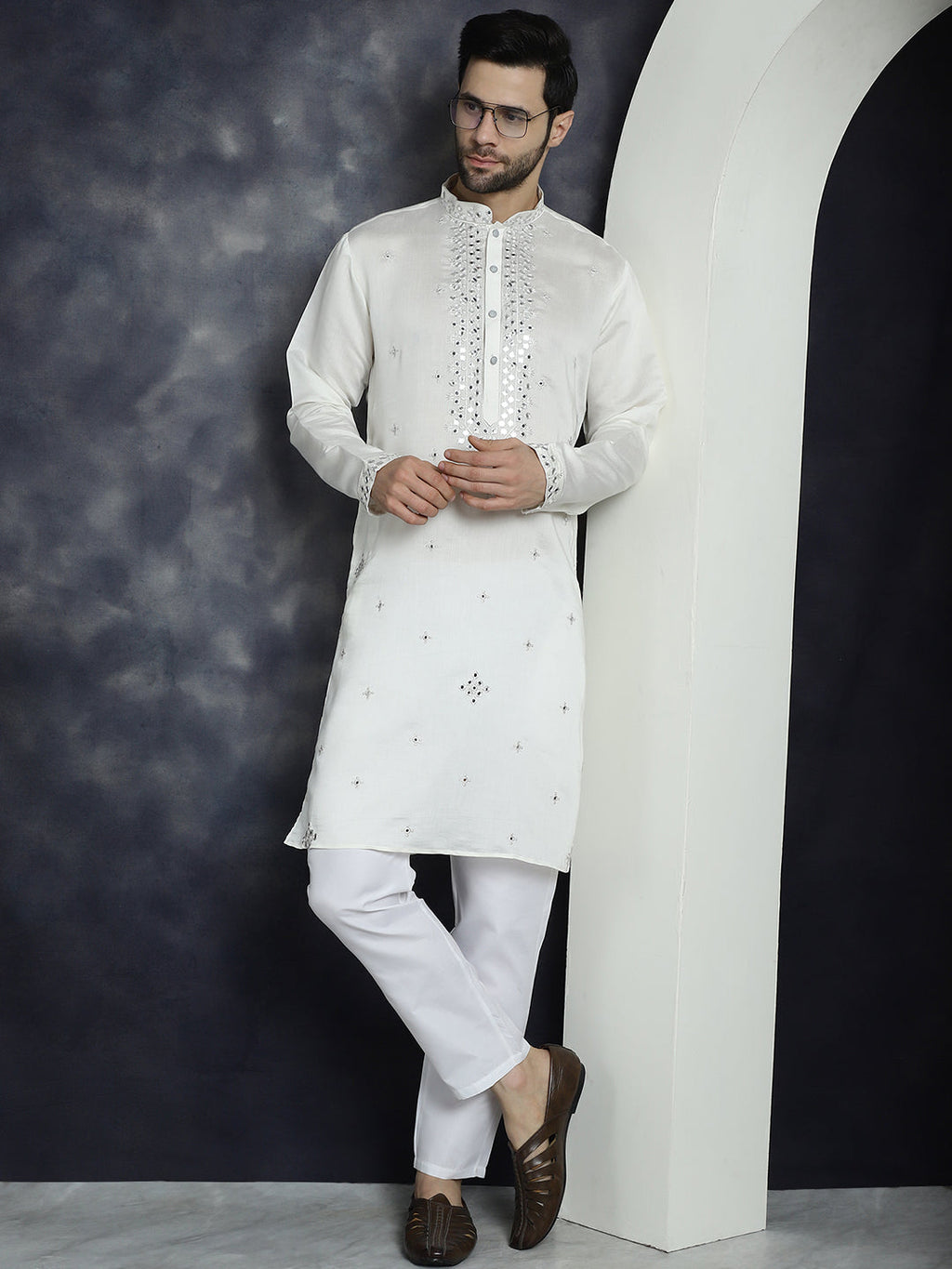 Jompers Men's Embroidered Kurta With Pyjama - White | Grocsy