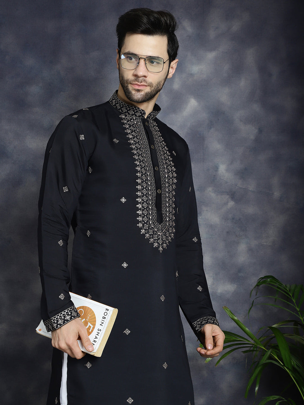 Jompers Men's Sequins Embroidered Kurta With Pyjama - Black | Grocsy