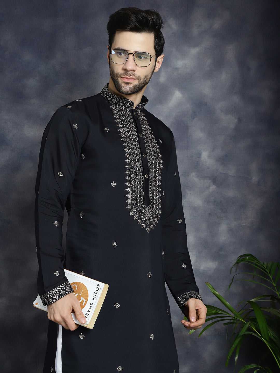 Jompers Men's Sequins Embroidered Kurta With Pyjama - Black | Grocsy