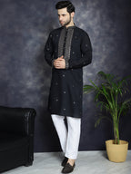 Jompers Men's Sequins Embroidered Kurta With Pyjama - Black | Grocsy