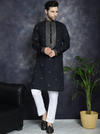 Jompers Men's Sequins Embroidered Kurta With Pyjama - Black | Grocsy