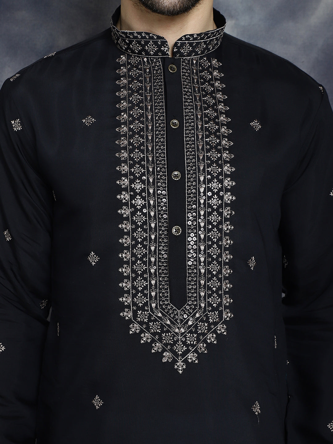 Jompers Men's Sequins Embroidered Kurta With Pyjama - Black | Grocsy