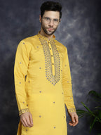 Jompers Men's Sequins Embroidered Kurta With Pyjama - Yellow | Grocsy