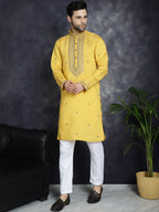 Jompers Men's Sequins Embroidered Kurta With Pyjama - Yellow | Grocsy