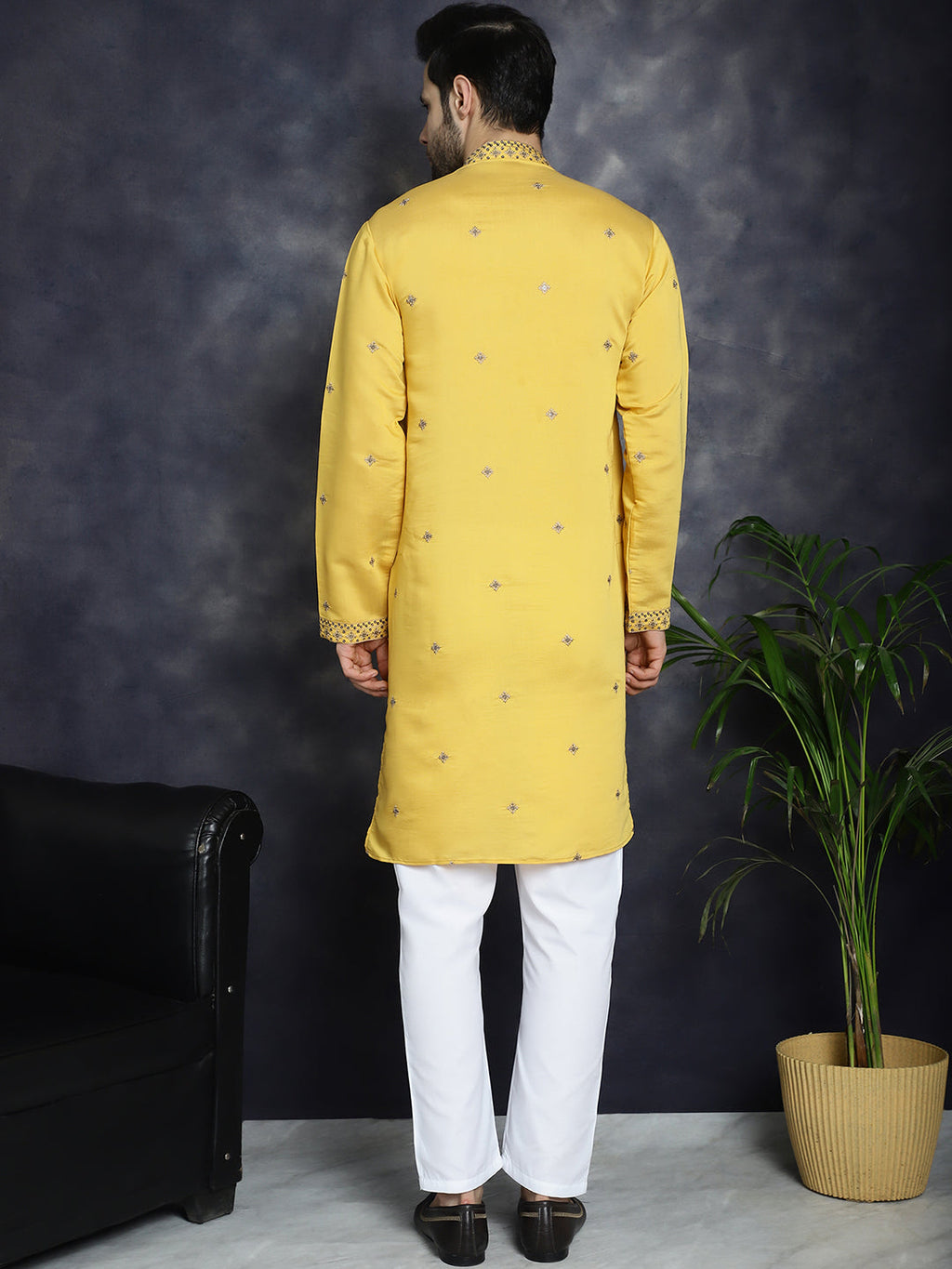 Jompers Men's Sequins Embroidered Kurta With Pyjama - Yellow | Grocsy