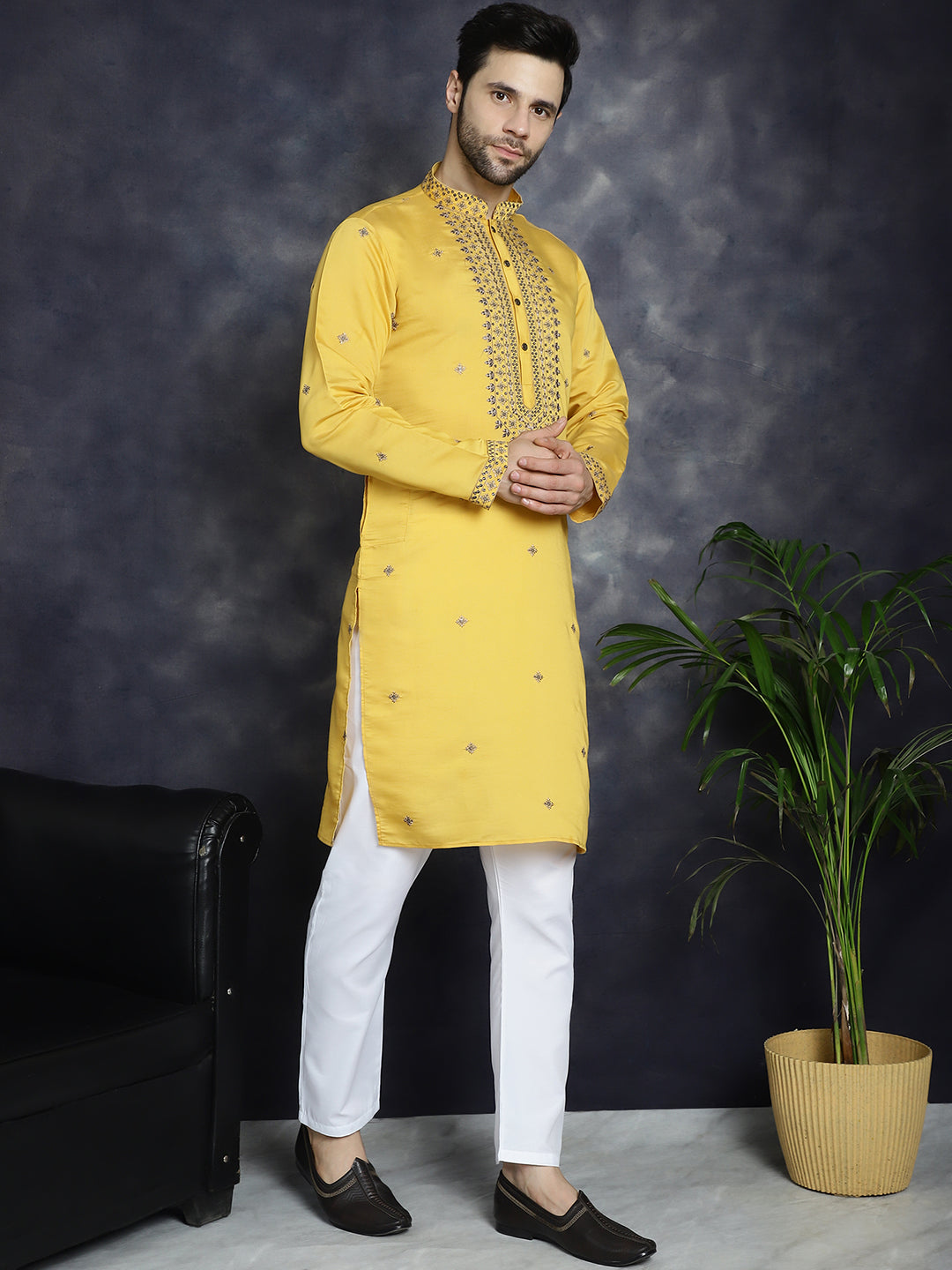 Jompers Men's Sequins Embroidered Kurta With Pyjama - Yellow | Grocsy