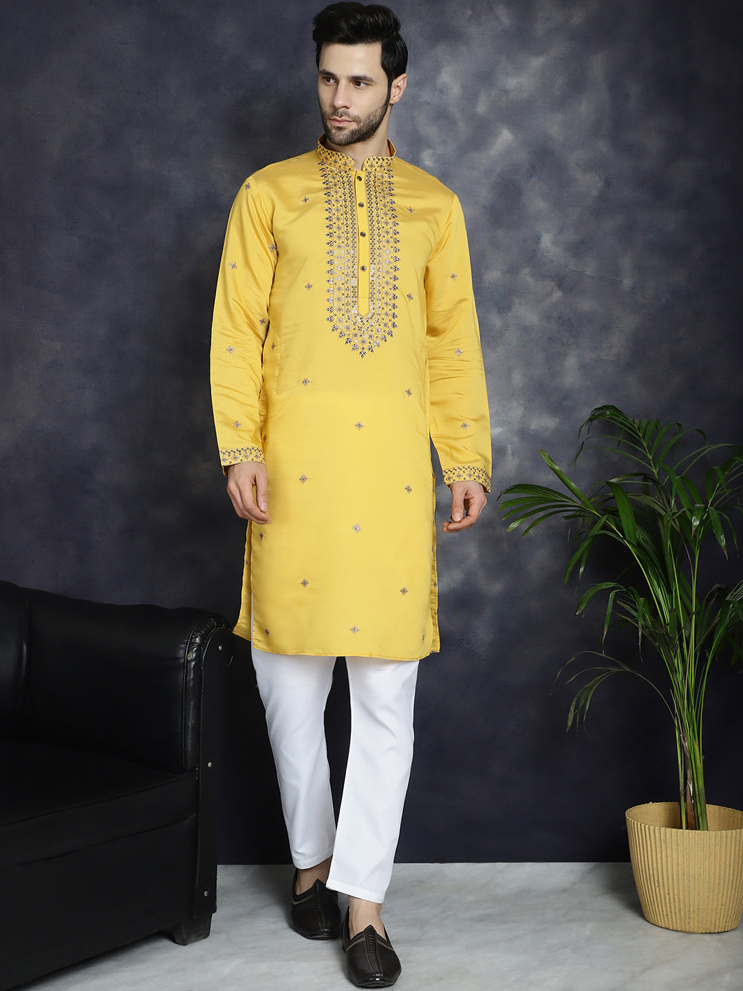 Jompers Men's Sequins Embroidered Kurta With Pyjama - Yellow | Grocsy