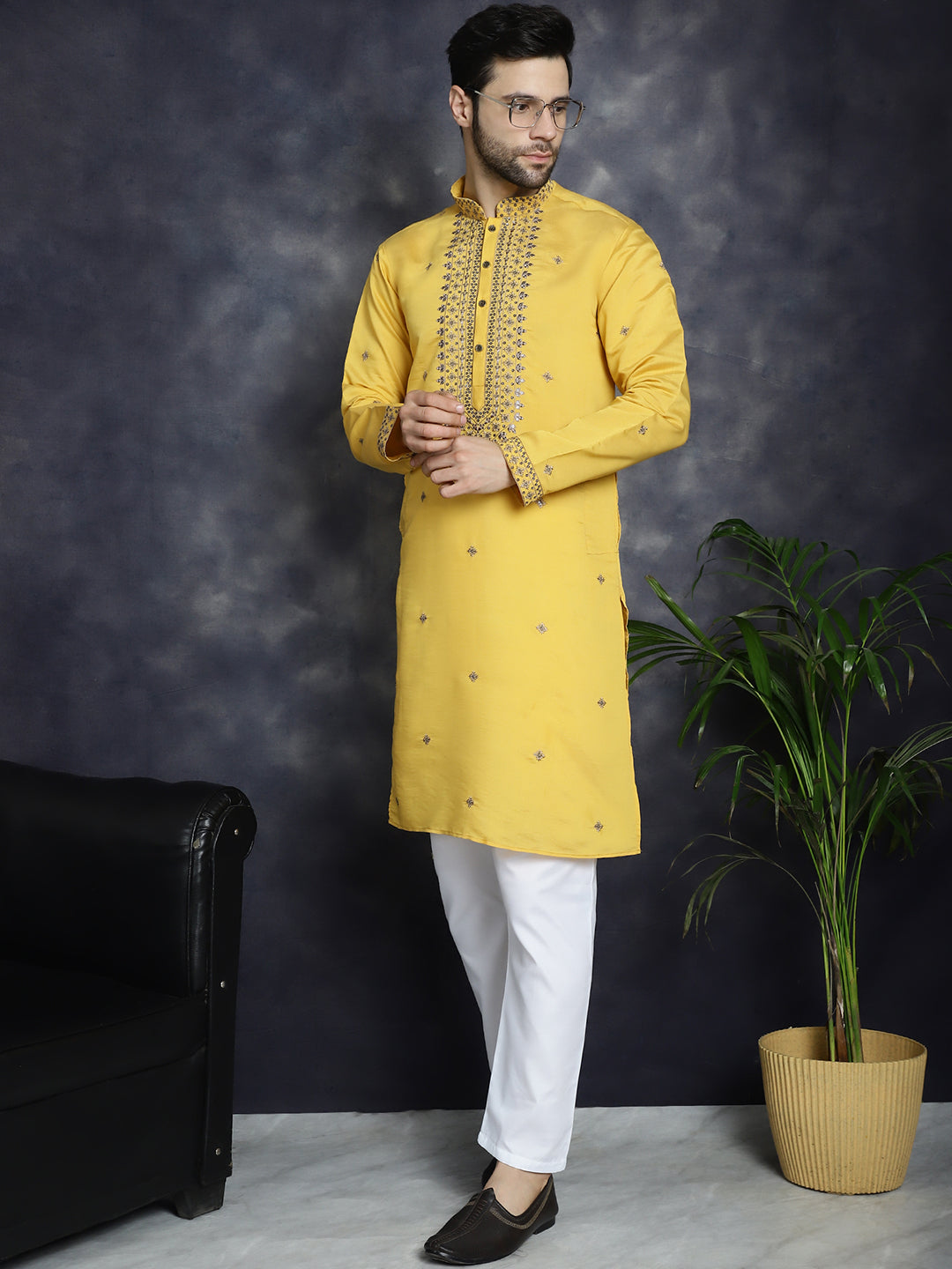 Jompers Men's Sequins Embroidered Kurta With Pyjama - Yellow | Grocsy
