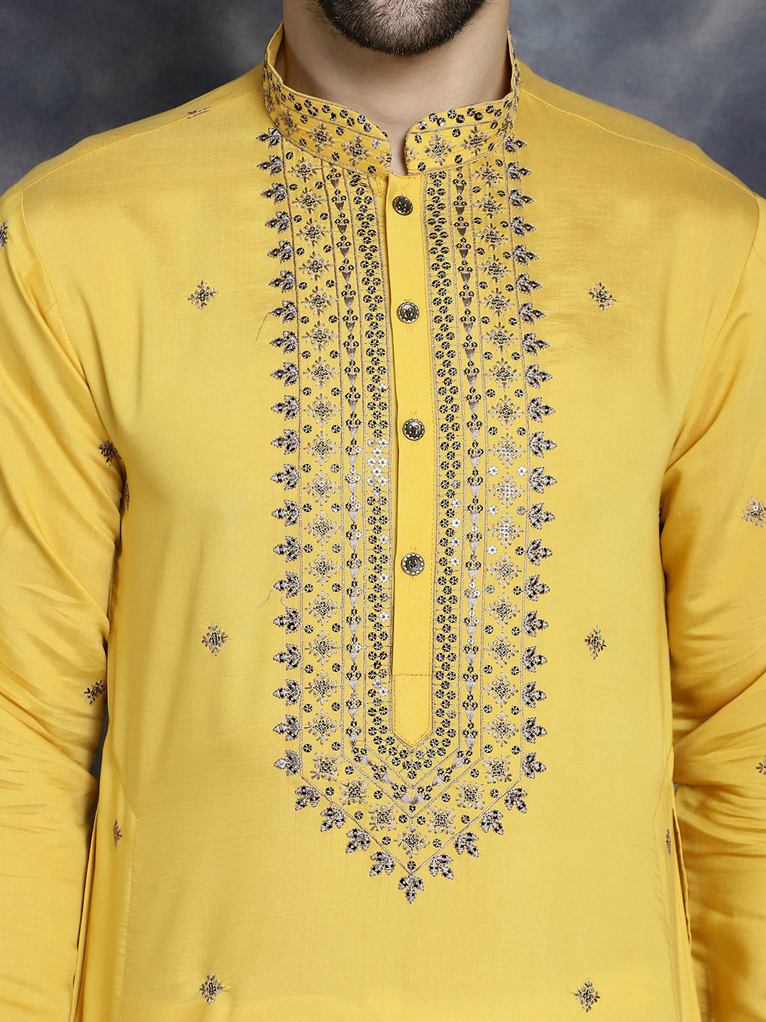 Jompers Men's Sequins Embroidered Kurta With Pyjama - Yellow | Grocsy