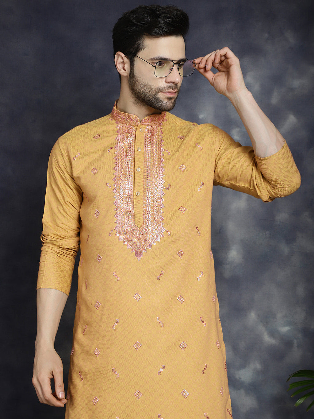 Jompers Men's Sequins Embroidered Kurta With Pyjama - Orange | Grocsy