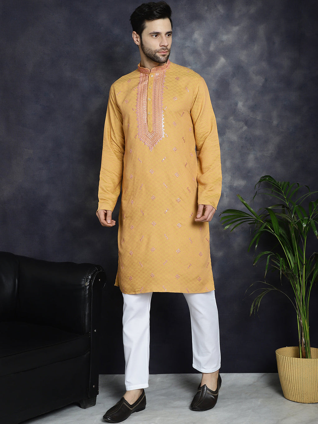 Jompers Men's Sequins Embroidered Kurta With Pyjama - Orange | Grocsy