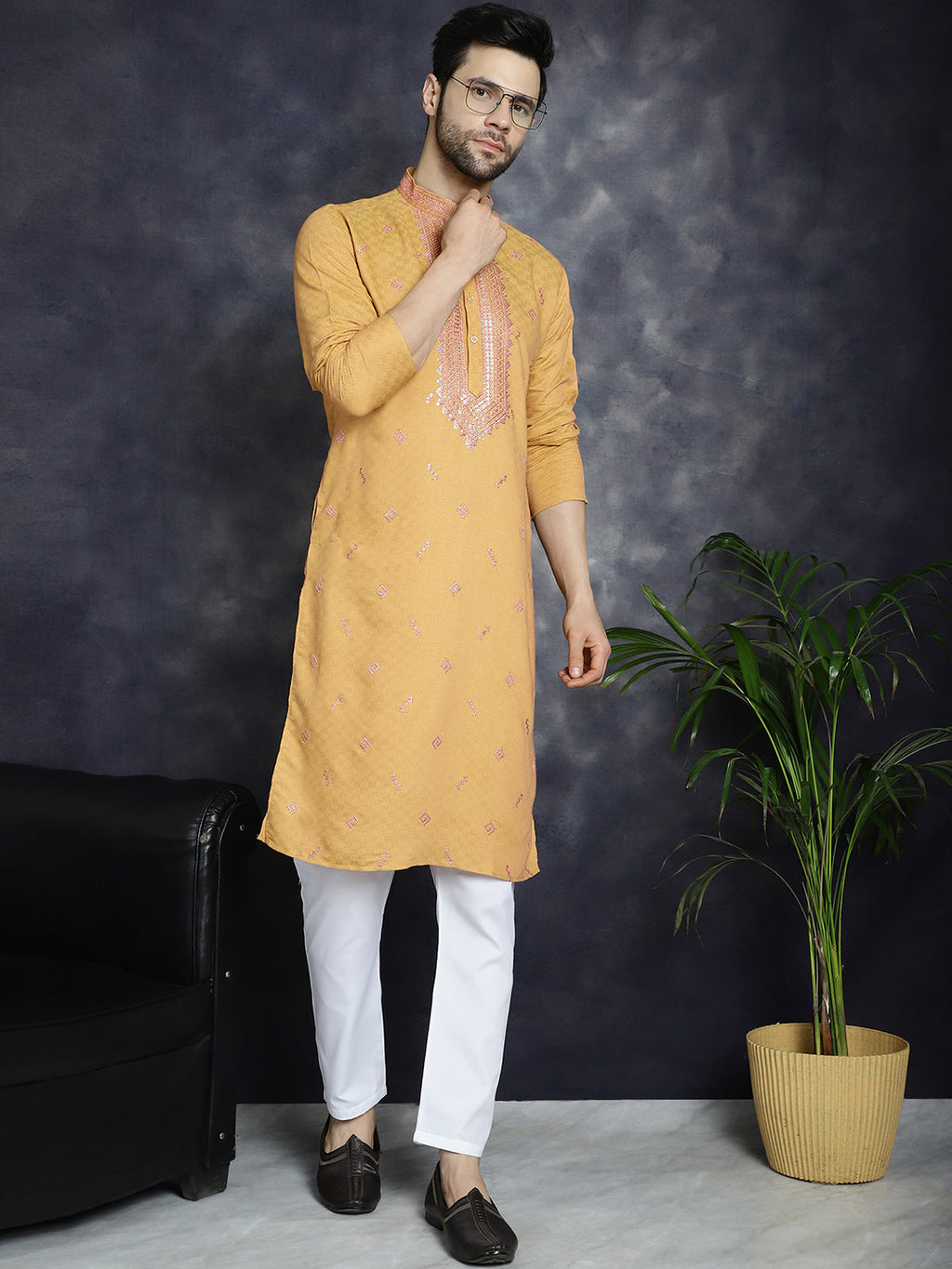 Jompers Men's Sequins Embroidered Kurta With Pyjama - Orange | Grocsy
