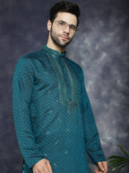 Jompers Men's Sequins Embroidered Kurta With Pyjama - Teal | Grocsy