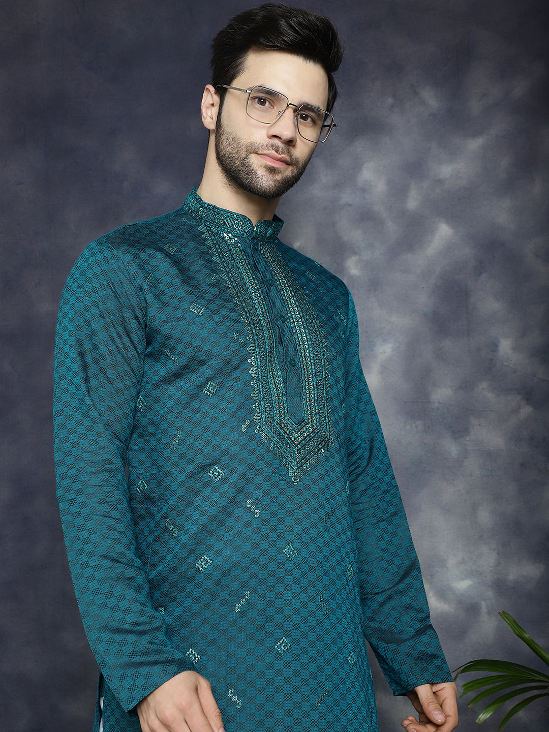 Jompers Men's Sequins Embroidered Kurta With Pyjama - Teal | Grocsy