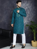 Jompers Men's Sequins Embroidered Kurta With Pyjama - Teal | Grocsy