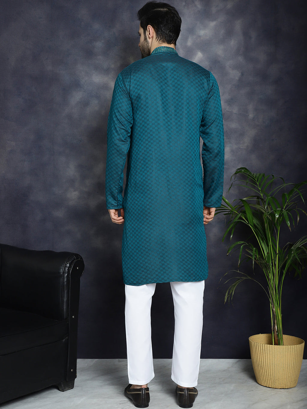 Jompers Men's Sequins Embroidered Kurta With Pyjama - Teal | Grocsy