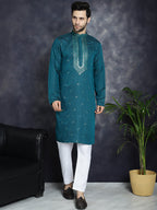 Jompers Men's Sequins Embroidered Kurta With Pyjama - Teal | Grocsy