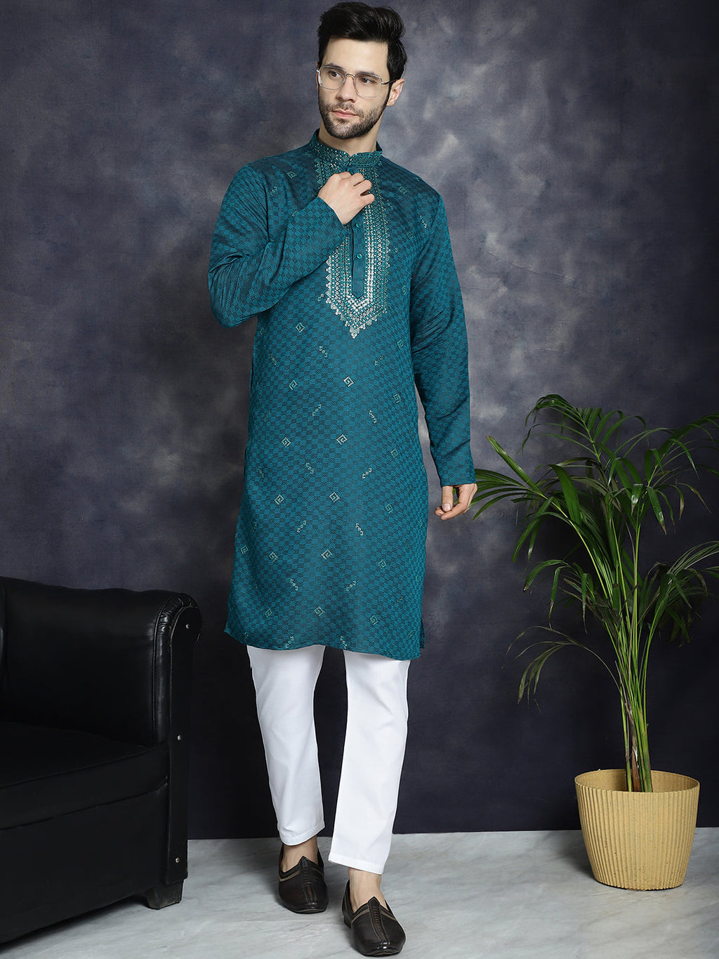 Jompers Men's Sequins Embroidered Kurta With Pyjama - Teal | Grocsy
