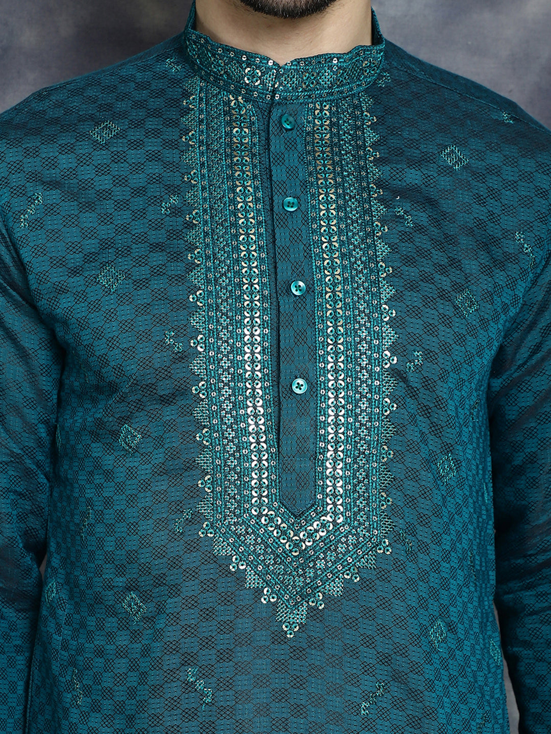 Jompers Men's Sequins Embroidered Kurta With Pyjama - Teal | Grocsy