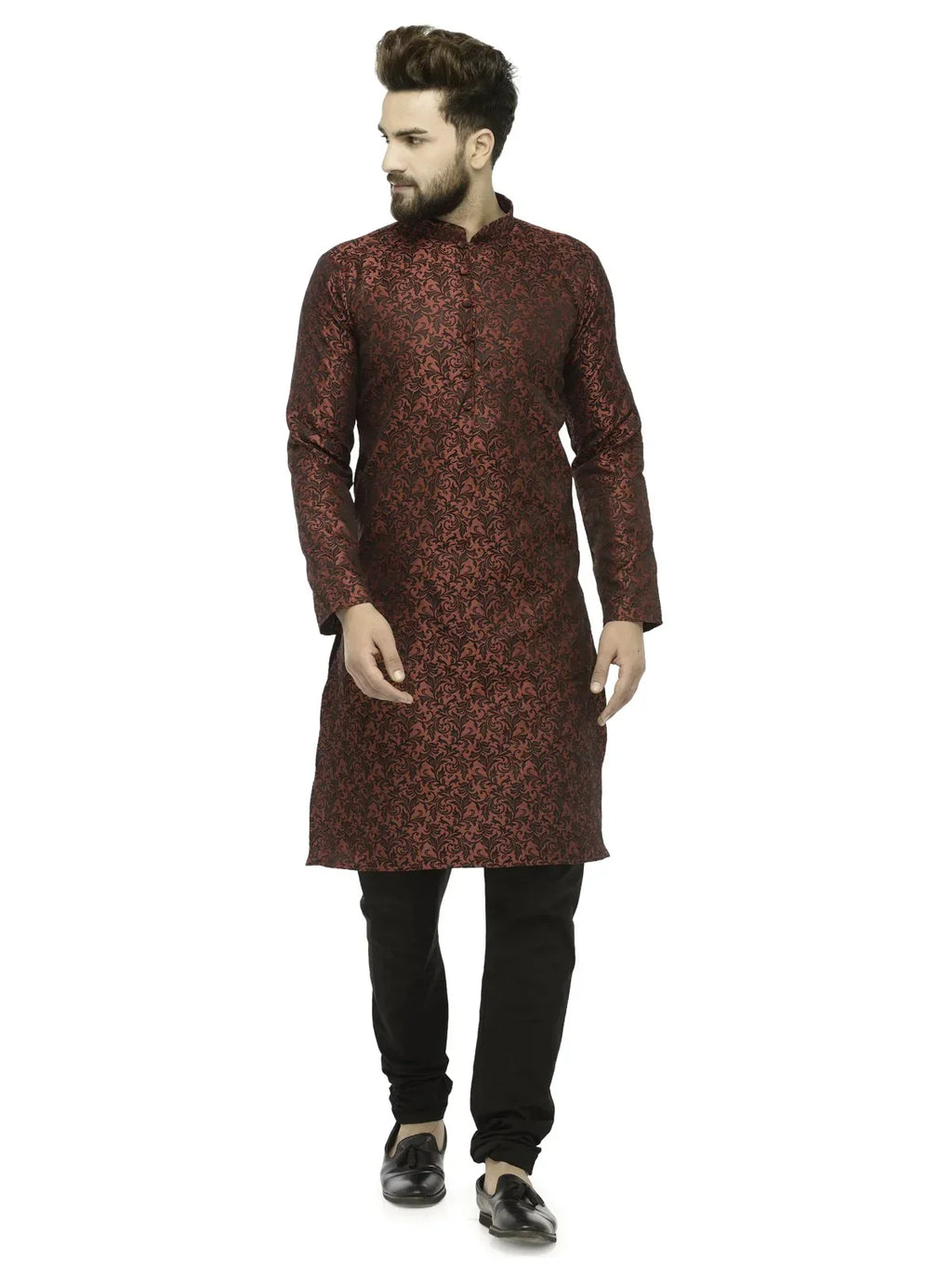 Jompers Men's Maroon & Black Woven Design Kurta with Churidar | Grocsy