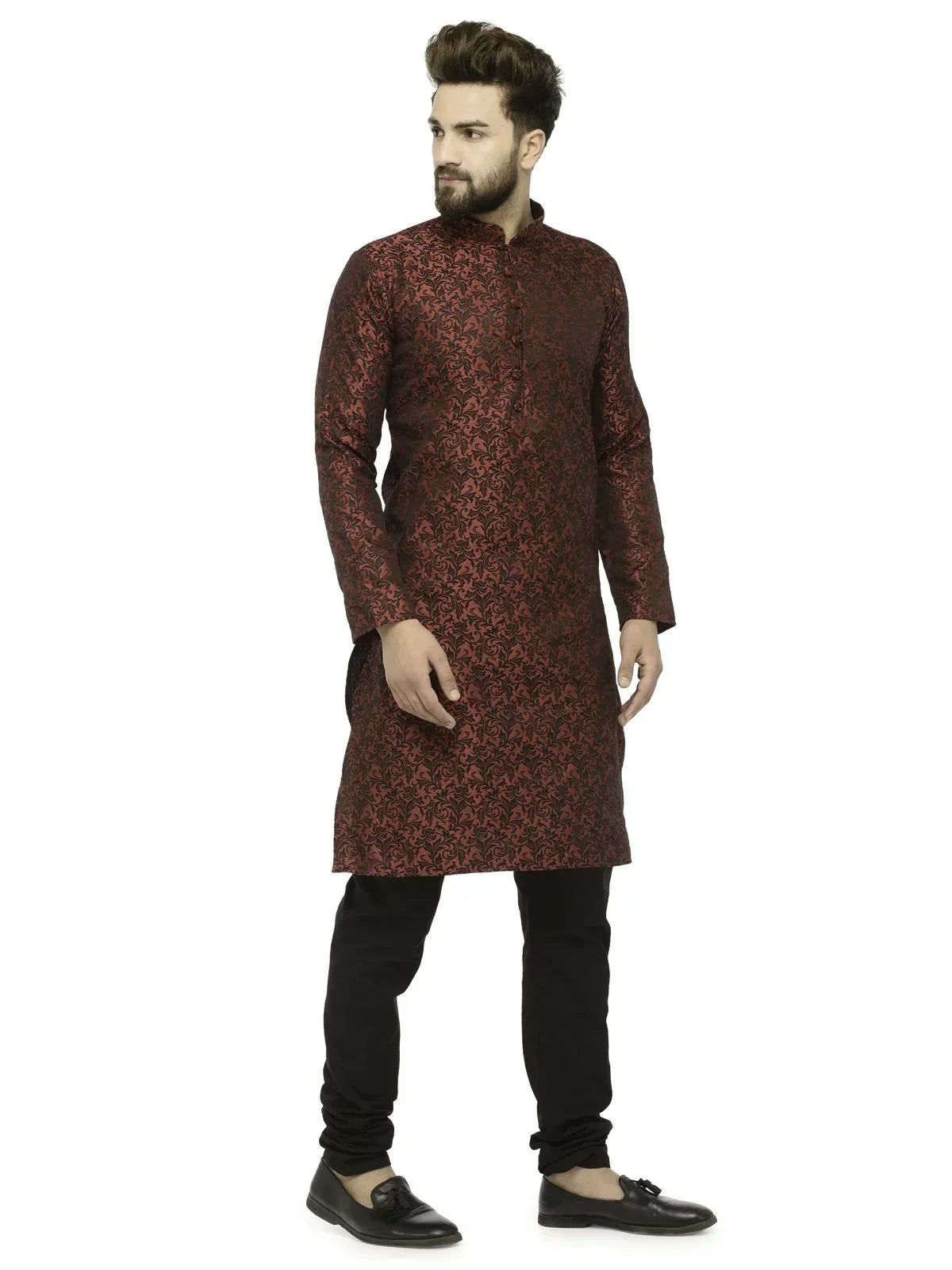 Jompers Men's Maroon & Black Woven Design Kurta with Churidar | Grocsy