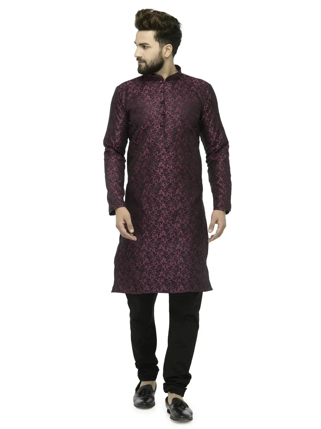 Jompers Men's Purple & Black Self Design Kurta with Churidar | Grocsy