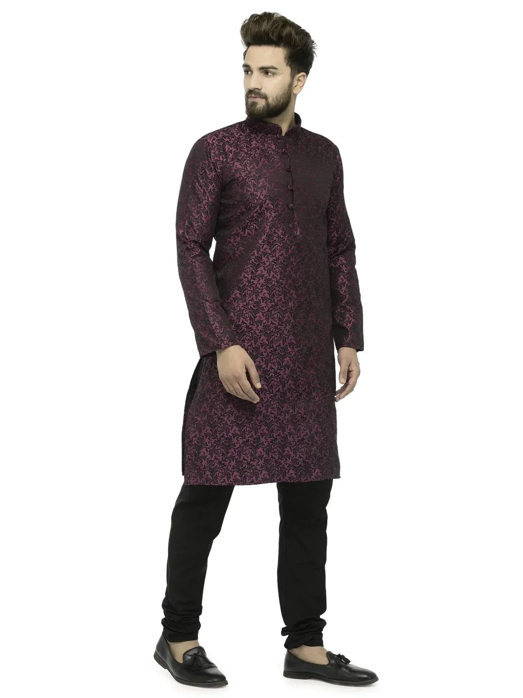 Jompers Men's Purple & Black Self Design Kurta with Churidar | Grocsy