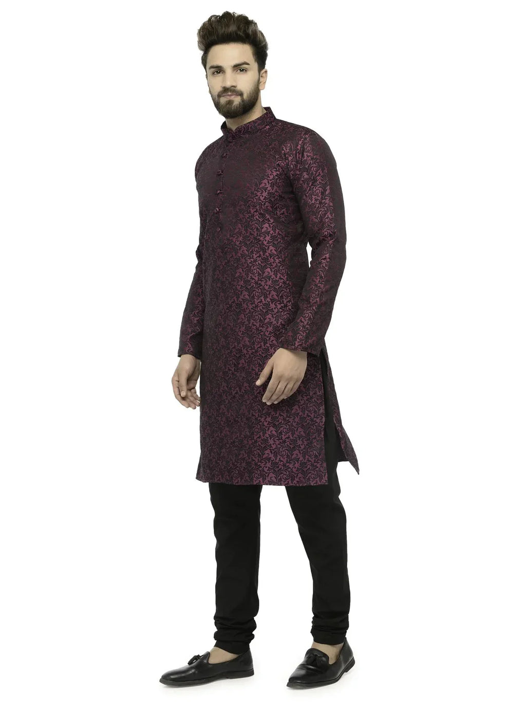 Jompers Men's Purple & Black Self Design Kurta with Churidar | Grocsy