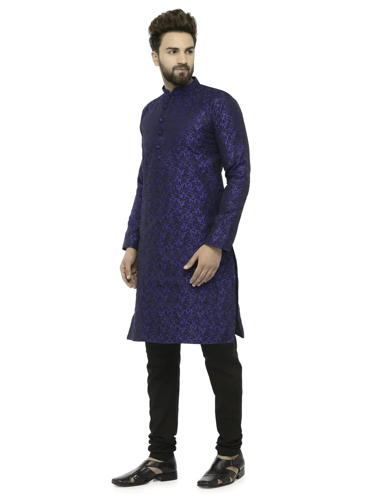 Jompers Men's Royal Blue & Black Self Design Kurta with Churidar | Grocsy