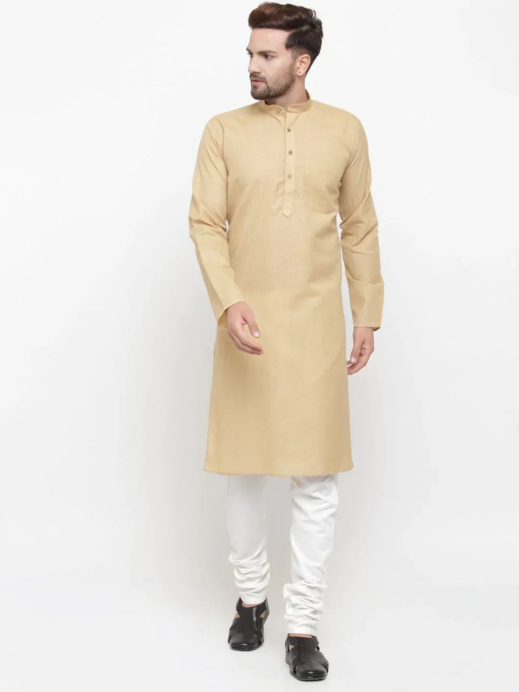 Jompers Men's Beige & White Solid Kurta with Churidar | Grocsy