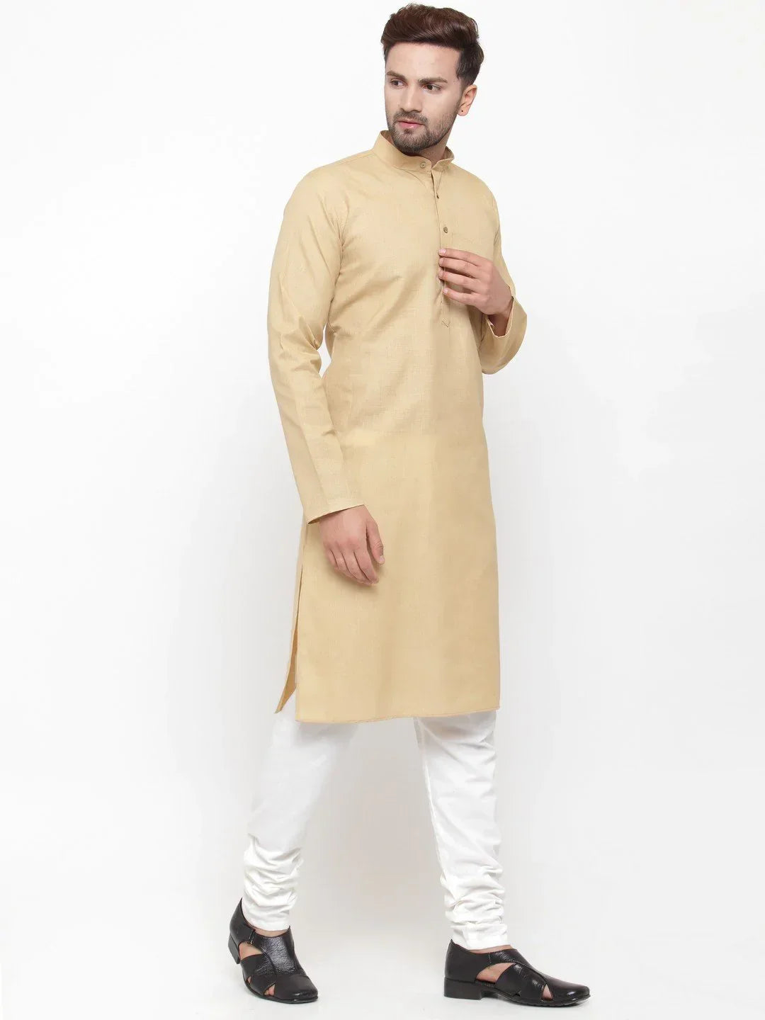 Jompers Men's Beige & White Solid Kurta with Churidar | Grocsy