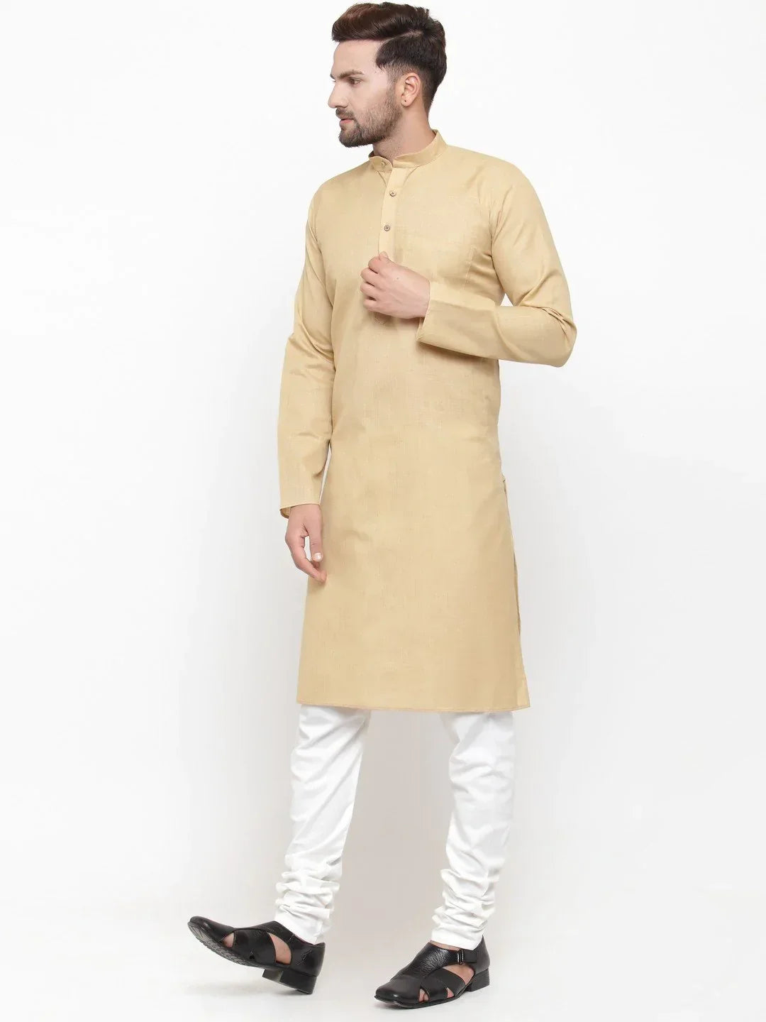 Jompers Men's Beige & White Solid Kurta with Churidar | Grocsy