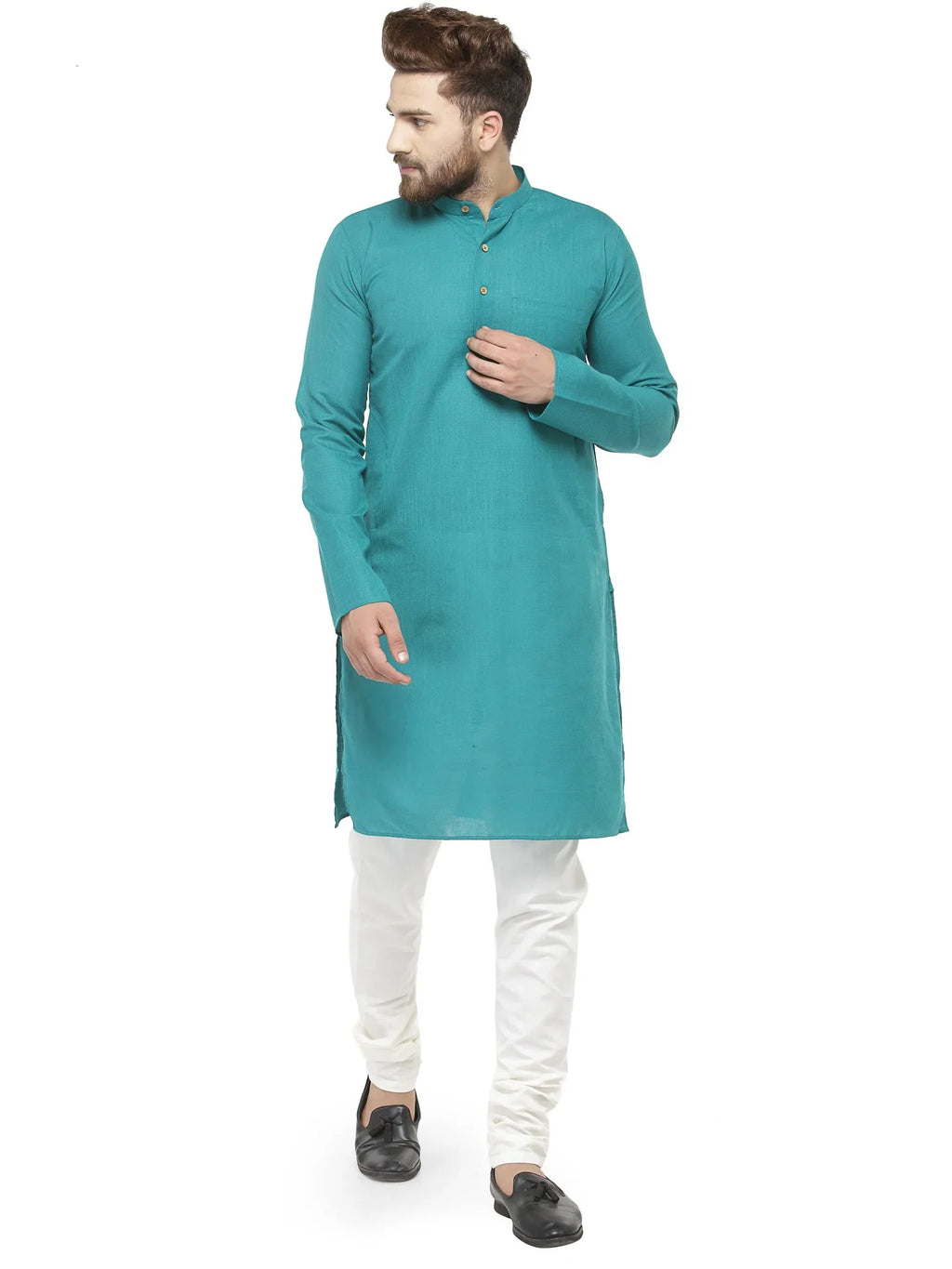 Jompers Men's Green & White Solid Kurta with Churidar | Grocsy