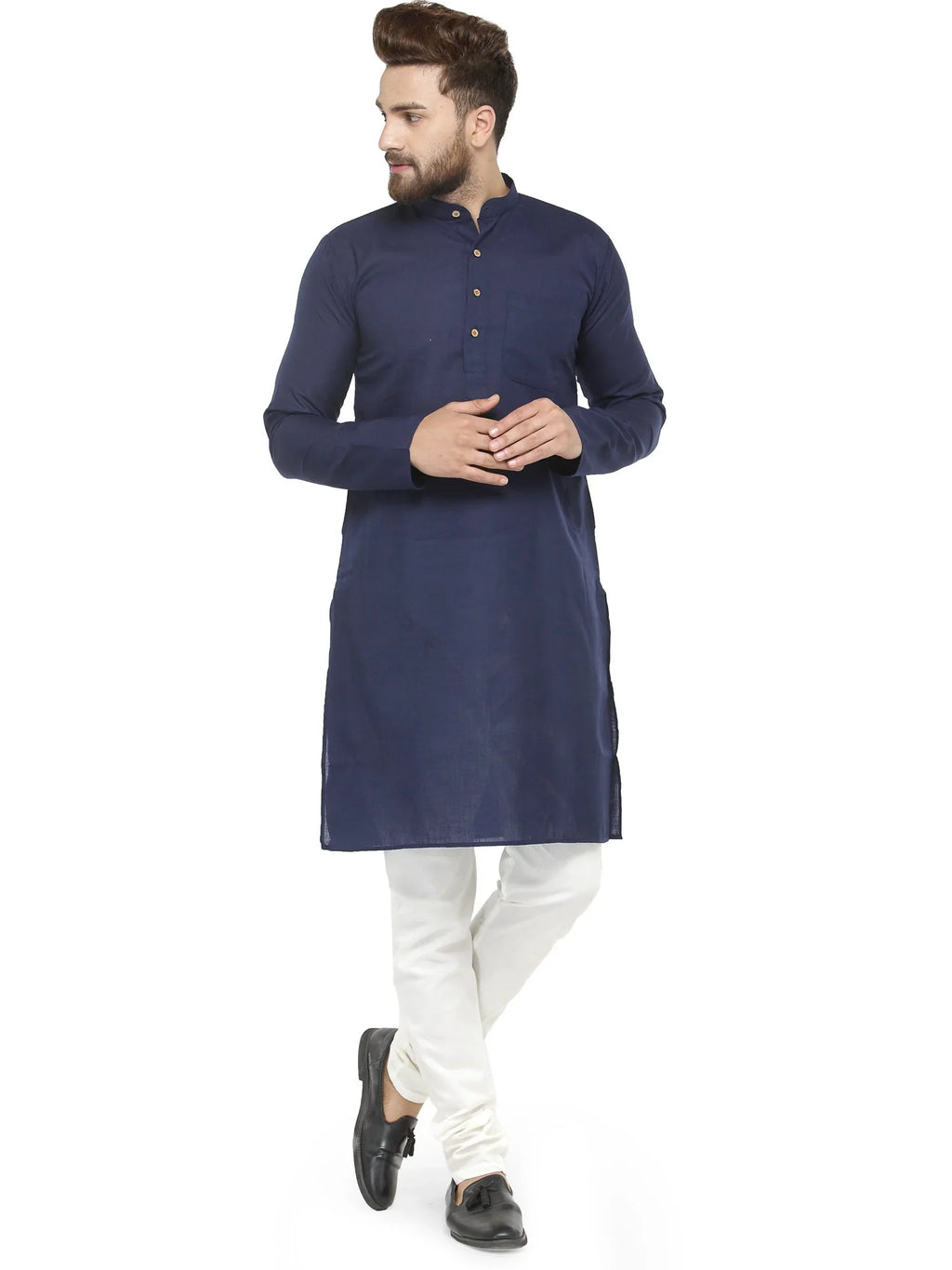 Jompers Men's Navy Blue & White Solid Kurta with Churidar | Grocsy