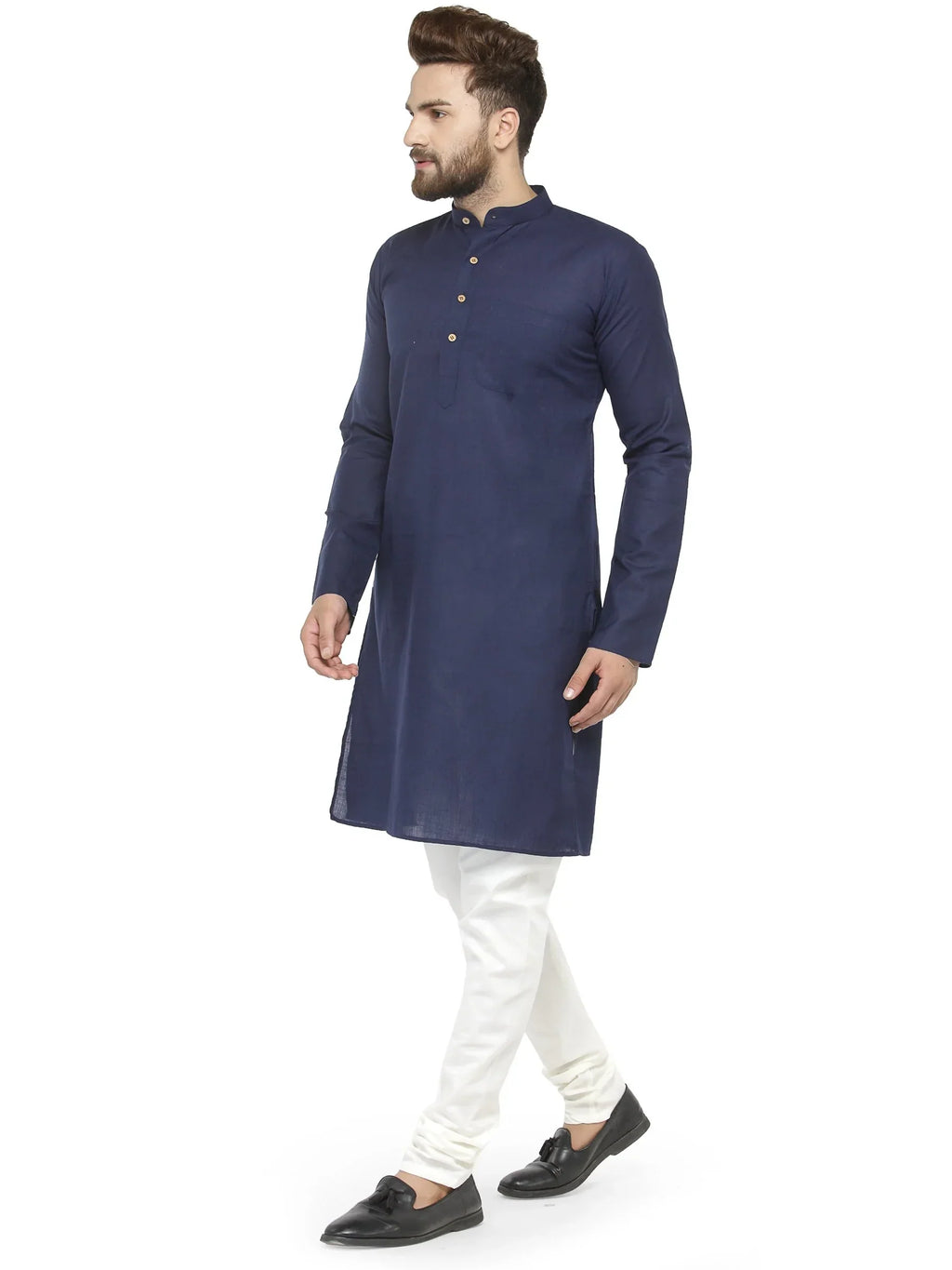 Jompers Men's Navy Blue & White Solid Kurta with Churidar | Grocsy