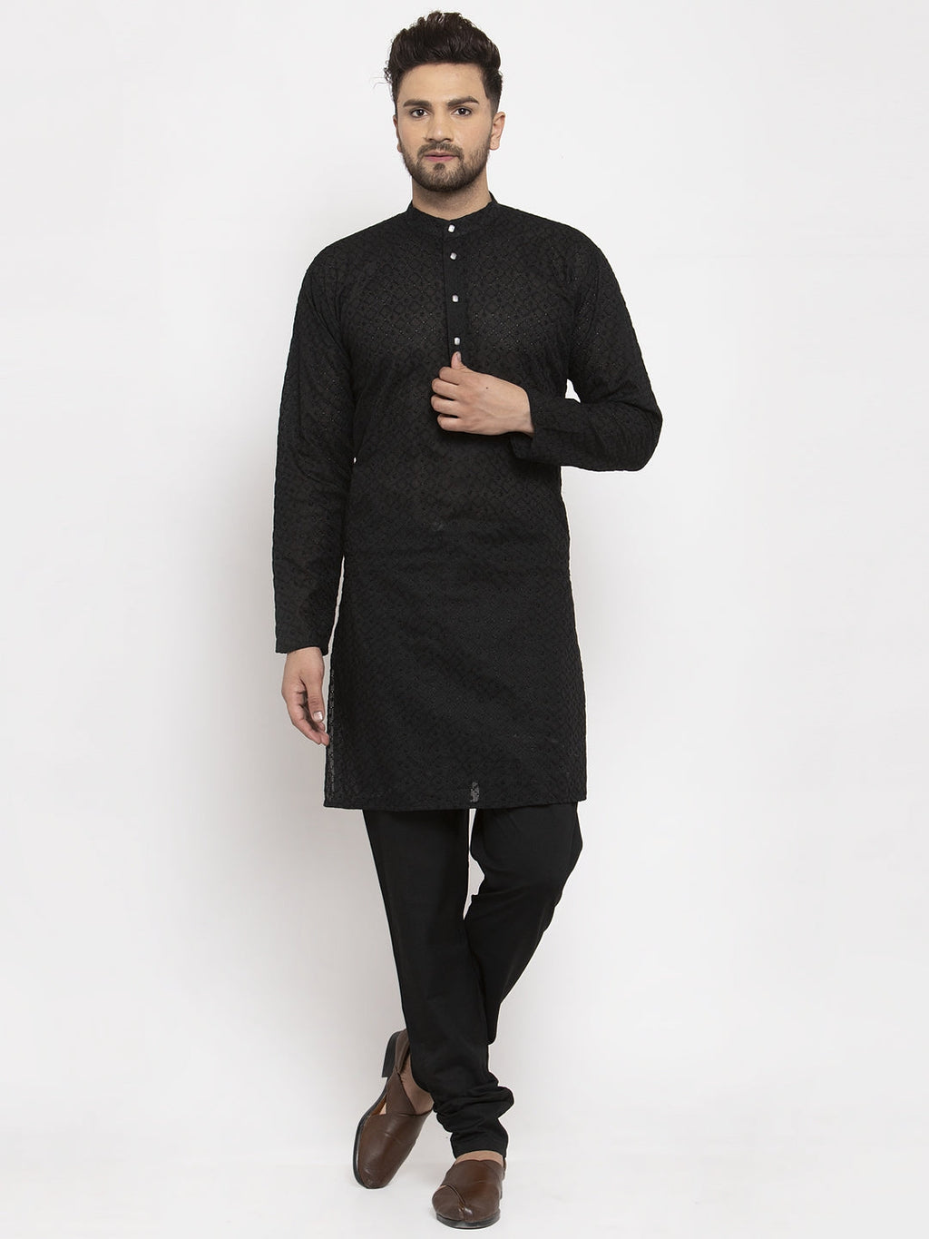 Jompers Men Black Chikan Kurta with Churidar | Grocsy