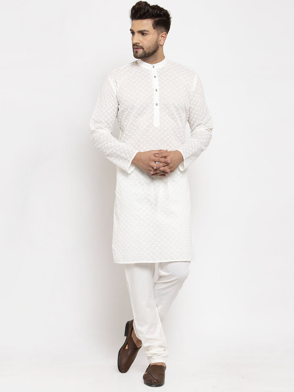 Jompers Men Cream Chikan Kurta with Churidar | Grocsy