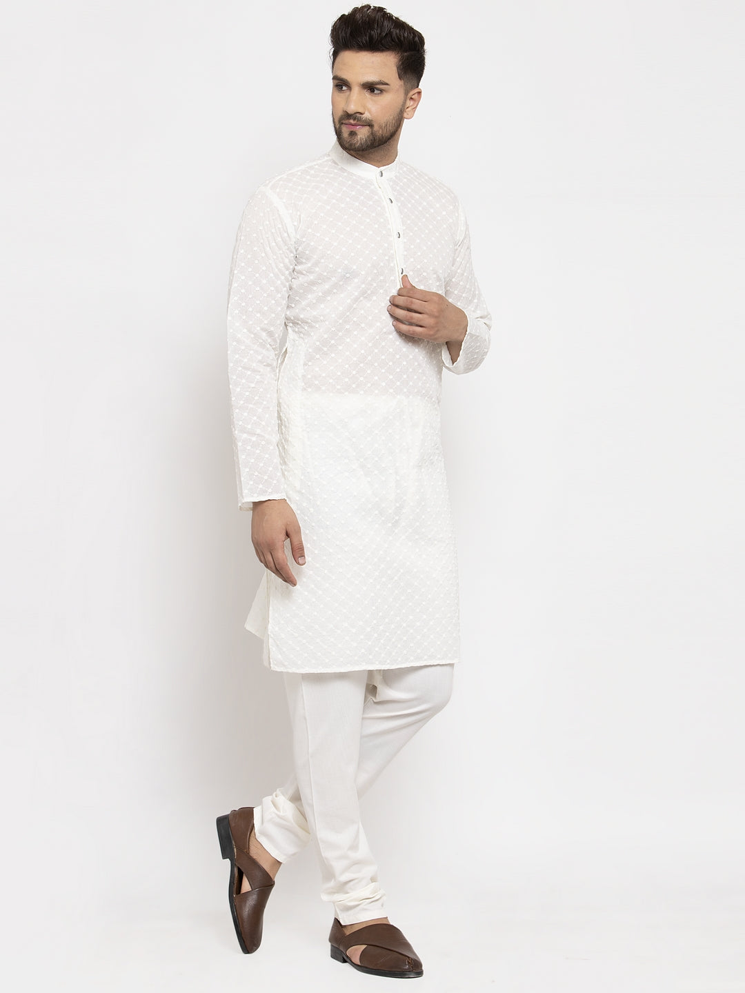 Jompers Men Cream Chikan Kurta with Churidar | Grocsy