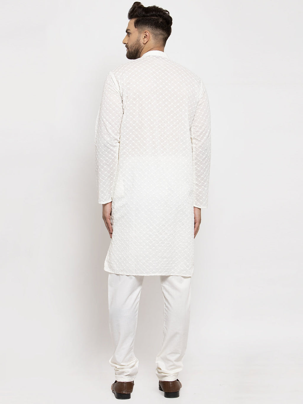 Jompers Men Cream Chikan Kurta with Churidar | Grocsy