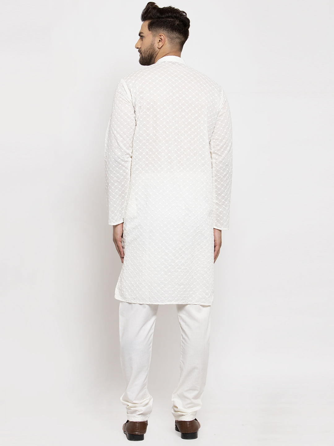 Jompers Men Cream Chikan Kurta with Churidar | Grocsy