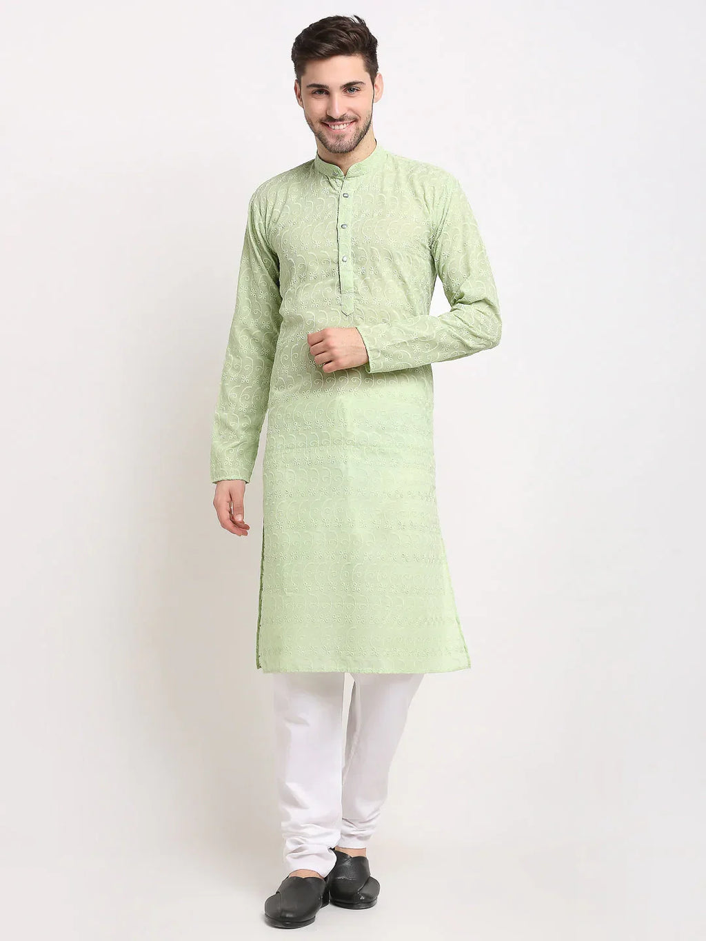 Jompers Men's Green Chikan Kurta with Churidar | Grocsy
