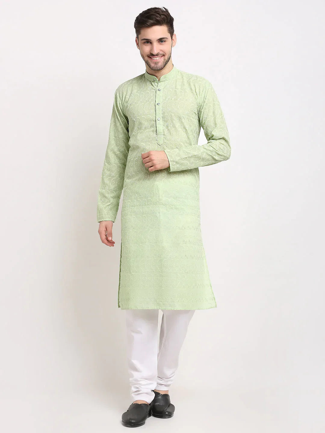 Jompers Men's Green Chikan Kurta with Churidar | Grocsy