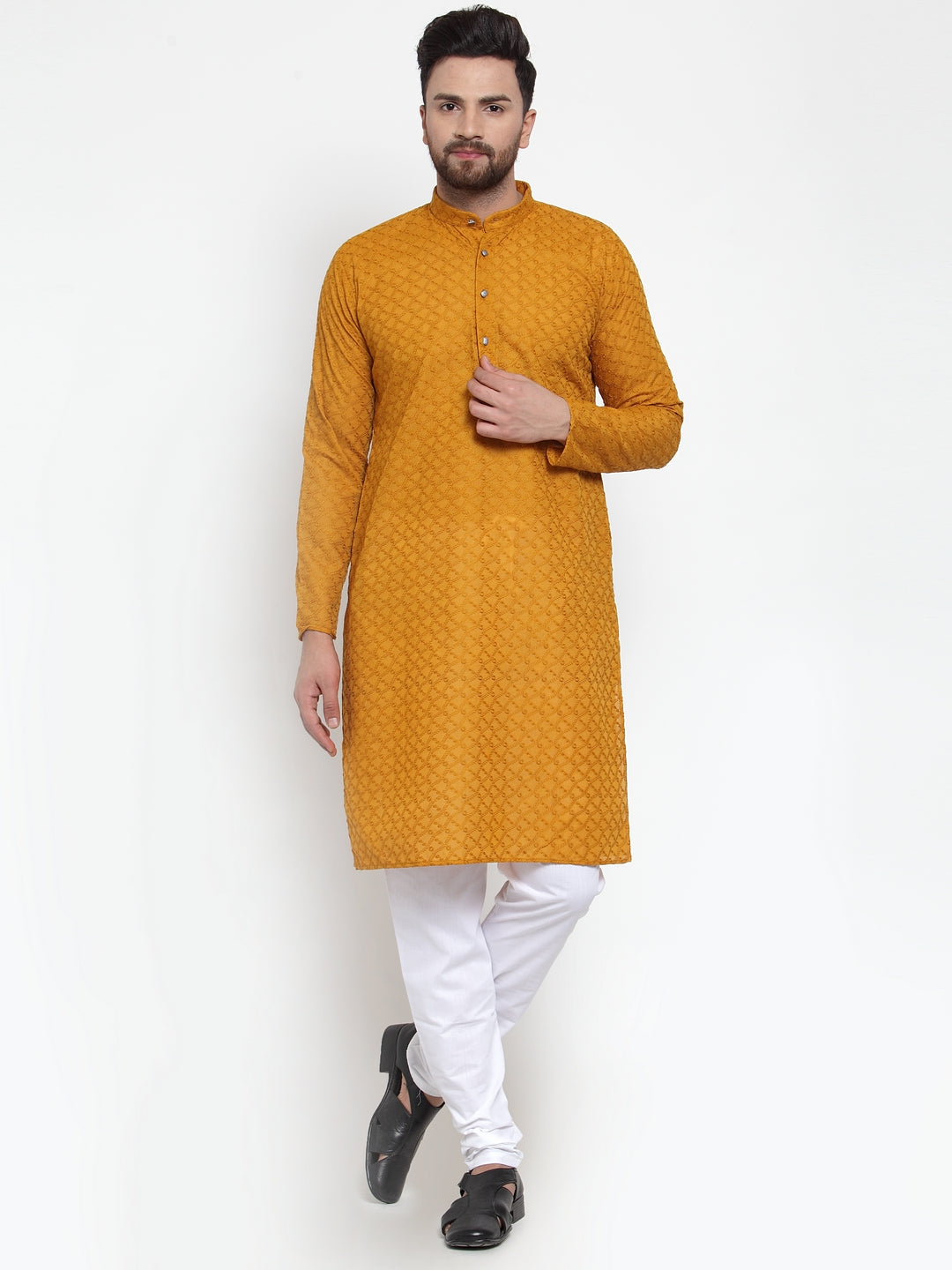 Jompers Men Mustard Chikan Kurta with Churidar | Grocsy