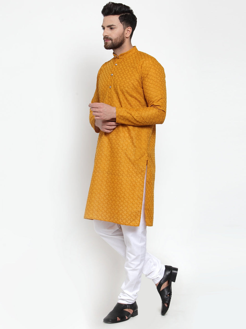 Jompers Men Mustard Chikan Kurta with Churidar | Grocsy