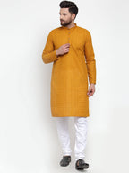 Jompers Men Mustard Chikan Kurta with Churidar | Grocsy