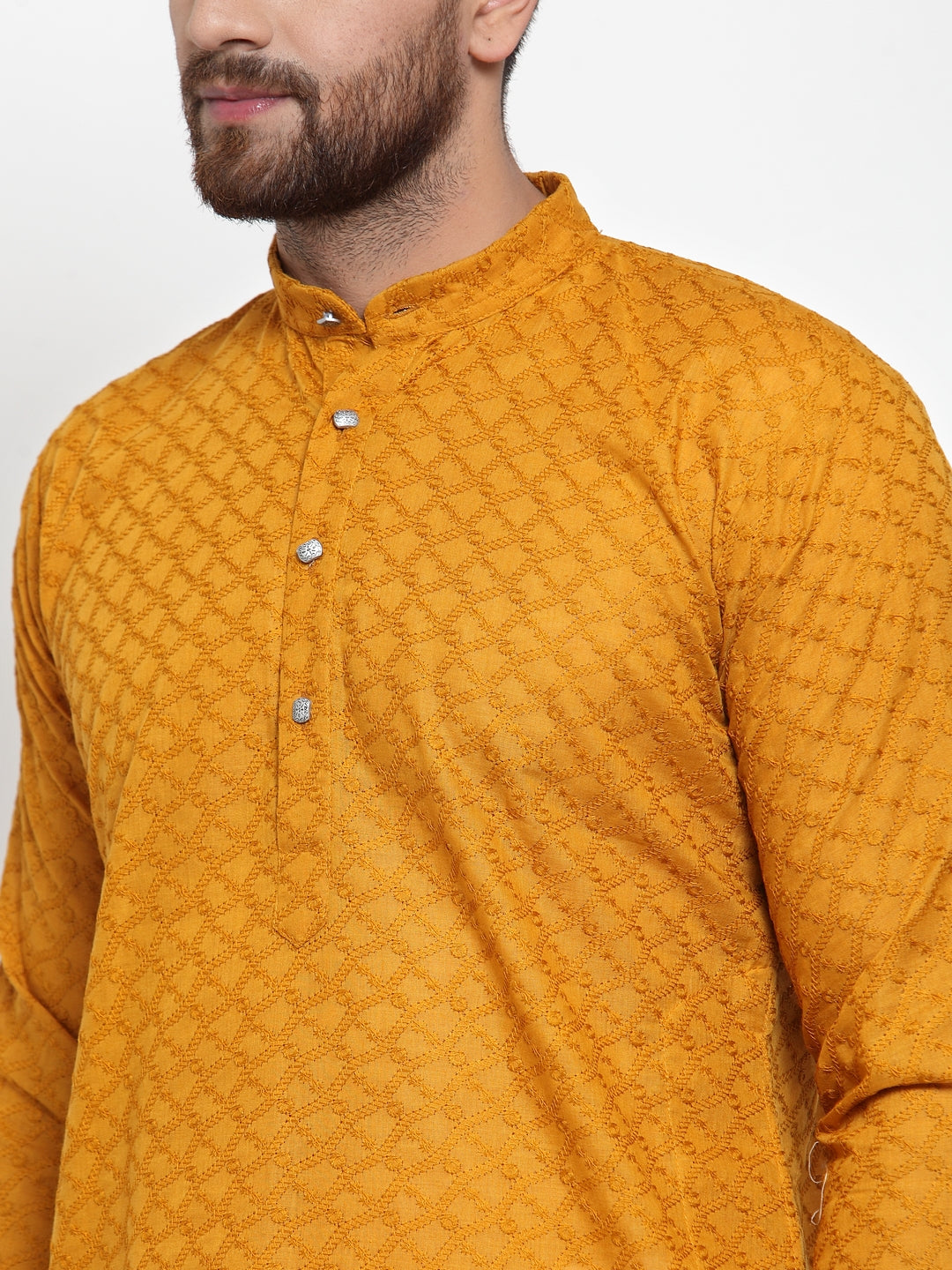 Jompers Men Mustard Chikan Kurta with Churidar | Grocsy